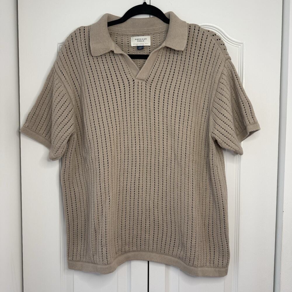 American Eagle Weekend Sweater Polo Shirt Men’s Large Beige Tan